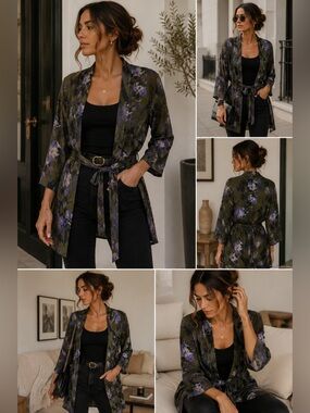 ALLSAINTS Dark Floral Kimono Wrap Top Tie Waist Boho Cardigan US 4